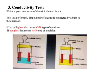 3. Conductivity Test:
Water is good conductor of electricity but oil is not.
This test perform by dipping pair of electrode connected by a bulb in
the emulsion.
If the bulb glow that means O/W type of emulsion
If not glow that means W/O type of emulsion
 