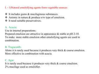 I. - 1)Natural emulsifying agents from vegetable sources:
 It includes gums & mucilaginous substances.
 Anionic in nature & produce o/w type of emulsion.
 It need suitable preservatives.
A. Acacia:
Use in internal preparations.
Prepared emulsion are attractive in appearance & stable at pH 2-10.
To make more stable emulsion other emulsifying agents are used in
combination.
B. Tragacanth-
Alone it is rarely used because it produces very thick & coarse emulsion.
More effective in combination with acacia.
C. Agar
It is rarely used because it produces very thick & coarse emulsion.
2% mucilage used as emulsifier.
 