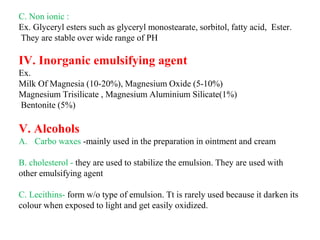 C. Non ionic :
Ex. Glyceryl esters such as glyceryl monostearate, sorbitol, fatty acid, Ester.
They are stable over wide range of PH
IV. Inorganic emulsifying agent
Ex.
Milk Of Magnesia (10-20%), Magnesium Oxide (5-10%)
Magnesium Trisilicate , Magnesium Aluminium Silicate(1%)
Bentonite (5%)
V. Alcohols
A. Carbo waxes -mainly used in the preparation in ointment and cream
B. cholesterol - they are used to stabilize the emulsion. They are used with
other emulsifying agent
C. Lecithins- form w/o type of emulsion. Tt is rarely used because it darken its
colour when exposed to light and get easily oxidized.
 