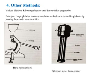 4. Other Methods:
Various blenders & homogeniser are used for emulsion preparation
Principle: Large globules in coarse emulsion are broken in to smaller globules by
passing them under narrow orifice.
Hand homogeniser,
Silverson mixer homogeniser
 
