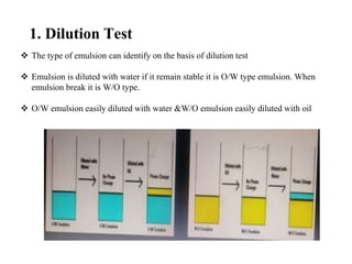 1. Dilution Test
 The type of emulsion can identify on the basis of dilution test
 Emulsion is diluted with water if it remain stable it is O/W type emulsion. When
emulsion break it is W/O type.
 O/W emulsion easily diluted with water &W/O emulsion easily diluted with oil
 