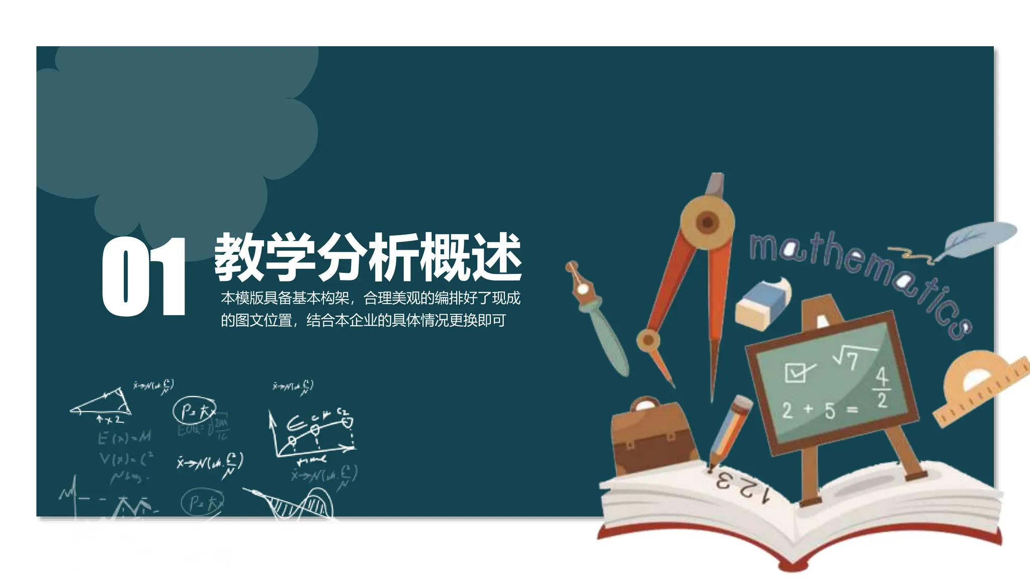 感谢您下载包图网平台上提供的PPT作品，为了您和包图网以及原创作者的利益，请勿复制、传播、销售，否则将承担法律责任！包图网将对作品进行维权，按照传播下载次数进行十倍的索取赔偿！
ibaotu.com
教学分析概述
本模版具备基本构架，合理美观的编排好了现成
的图文位置，结合本企业的具体情况更换即可
01
 