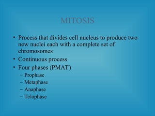 MITOSIS
• Process that divides cell nucleus to produce two
new nuclei each with a complete set of
chromosomes
• Continuous process
• Four phases (PMAT)
– Prophase
– Metaphase
– Anaphase
– Telophase
 