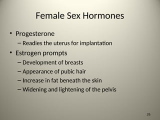 Female Sex Hormones
• Progesterone
– Readies the uterus for implantation
• Estrogen prompts
– Development of breasts
– Appearance of pubic hair
– Increase in fat beneath the skin
– Widening and lightening of the pelvis
26
 