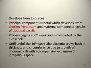 • Develops from 2 sources
• Principal component is foetal which develops from
chorion frondosum and maternal component consist
of decidual basalis
• Process begins at 6th
week and is completed by the
12th
week
• Until endof the 16th
week ,the placenta grows both in
thickness and circumference due to growth of
chorionic villi with accompanying expansion of
intervillous space
84
 