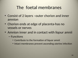 The foetal membranes
• Consist of 2 layers –outer chorion and inner
amnion
• Chorion ends at edge of placenta-has no
vessels or nerves
• Amnion inner and in contact with liqour amnii
– Functions
• Contribute to the formation of liquor amnii
• Intact membranes prevent ascending uterine infection
94
 