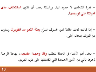-
‫قدرة‬
‫الشخص‬
‫ال‬
‫حدود‬
‫هلا‬
.
‫ورغبتنا‬
‫جيب‬
‫أن‬
‫تكون‬
‫استكشاف‬
‫مدى‬
‫قدرتنا‬
‫على‬
‫توسيعها‬
.
-
‫إذا‬
‫كانت‬
‫لديك‬
‫عقلية‬
،‫منو‬
‫فسوف‬
‫ّع‬
‫ر‬‫تس‬
‫بيئة‬
‫النمو‬
‫من‬
‫تطويرك‬
‫وس‬
‫تزيد‬
‫من‬
‫قدرتك‬
‫مبعدل‬
‫أعلى‬
.
-
‫بعض‬
‫أهم‬
‫األشياء‬
‫يف‬
‫احلياة‬
‫تتطلب‬
‫وقتا‬
‫وجهدا‬
‫عظيمني‬
،
‫بهجة‬
‫الرح‬
‫لة‬
‫حنوها‬
‫تأتي‬
‫من‬
‫األمور‬
‫اجلديدة‬
‫اليت‬
‫نكتشفها‬
‫على‬
‫طول‬
‫الطريق‬
.
13
 