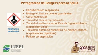 Pictogramas de Peligros para la Salud
Peligro grave
para la salud
✔ Sensibilización respiratoria
✔ Mutagenicidad en células germinales
✔ Carcinogenicidad
✔ Toxicidad para la reproducción
✔ Toxicidad sistémica específica de órganos blanco
(exposición única)
✔ Toxicidad sistémica especifica de órganos blanco
(exposiciones repetidas)
✔ Peligro por aspiración
 