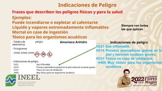 Indicaciones de Peligro
Frases que describen los peligros físicos y para la salud
Ejemplos:
Puede incendiarse o explotar al calentarse
Líquido y vapores extremadamente inflamables
Mortal en caso de ingestión
Tóxico para los organismos acuáticos
Siempre van todas
las que aplican
Indicaciones de peligro
H221 Gas inflamable.
H314 Provoca quemaduras graves en la
piel y lesiones oculares graves.
H331 Tóxico en caso de inhalación.
H400 Muy tóxico para los organismos
acuáticos.
Amoniaco Anhidro
 