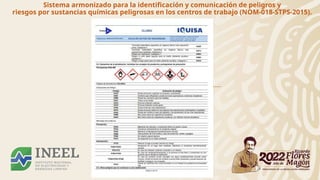 Sistema armonizado para la identificación y comunicación de peligros y
riesgos por sustancias químicas peligrosas en los centros de trabajo (NOM-018-STPS-2015).
 
