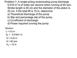 Problem-1: A single-acting reciprocating pump discharge
0.018 m3
/s of water per second when running at 60 rpm.
Stroke length is 50 cm and the diameter of the piston is
22 cm. If the total lift is 15 m, determine:
a) Theoretical discharge of the pump
b) Slip and percentage slip of the pump
c) Co-efficient of discharge
d) Power required running the pump
Solution:
L = 0.5 m
Qa = 0.018m3
/s
D = 0.22 m
N = 60 rpm
Hst = 15 m
 