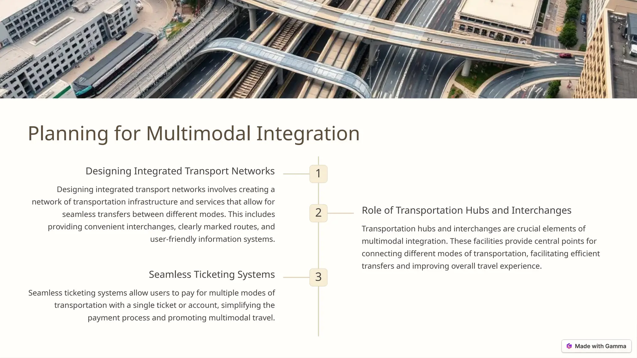 Planning for Multimodal Integration
1
Designing Integrated Transport Networks
Designing integrated transport networks involves creating a
network of transportation infrastructure and services that allow for
seamless transfers between different modes. This includes
providing convenient interchanges, clearly marked routes, and
user-friendly information systems.
2 Role of Transportation Hubs and Interchanges
Transportation hubs and interchanges are crucial elements of
multimodal integration. These facilities provide central points for
connecting different modes of transportation, facilitating efficient
transfers and improving overall travel experience.
3
Seamless Ticketing Systems
Seamless ticketing systems allow users to pay for multiple modes of
transportation with a single ticket or account, simplifying the
payment process and promoting multimodal travel.
 