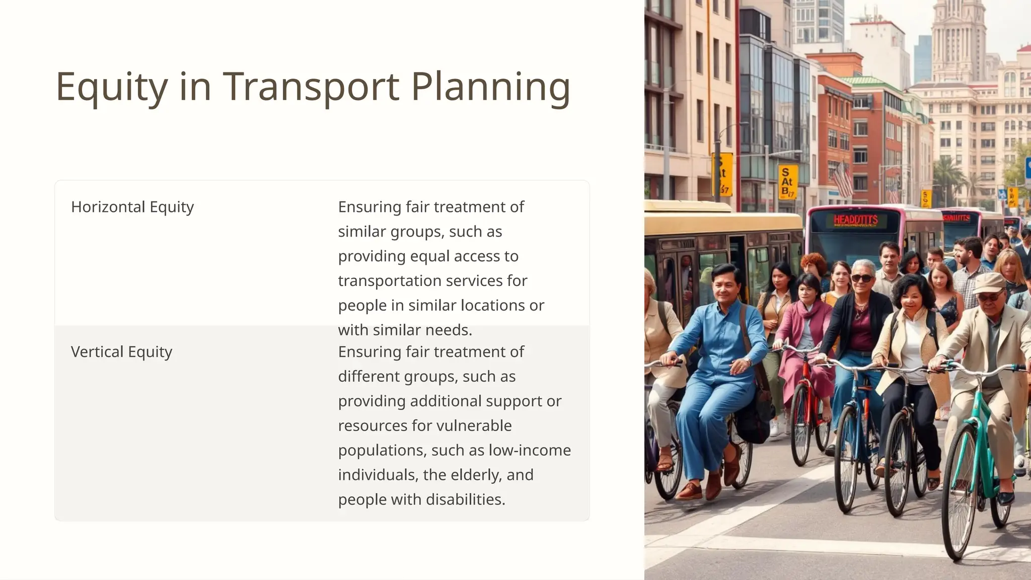 Equity in Transport Planning
Horizontal Equity Ensuring fair treatment of
similar groups, such as
providing equal access to
transportation services for
people in similar locations or
with similar needs.
Vertical Equity Ensuring fair treatment of
different groups, such as
providing additional support or
resources for vulnerable
populations, such as low-income
individuals, the elderly, and
people with disabilities.
 