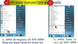 ৩. এরপর All Programs এর উপর ক্লিক
করতে হবে তাহলে পাশের মত দেখতে পাব
৪. এবারে Turbo C+
+4.5 এর উপর ক্লিক
সি ভাষায় প্রোগ্রাম তৈরি করার পদ্ধতি
 