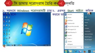 ১. প্রথমে Windows প্রোগ্রামটি চালু
করতে হবে-
২. এরপর Start বাটনে ক্লিক
করলে আমরা দেখতে পাব
সি ভাষায় প্রোগ্রাম তৈরি করার পদ্ধতি
 