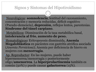 Signos y Síntomas del Hipotiroidismo
➢Neurológicos: somnolencia, lentitud del razonamiento,
concentración y memoria reducidas, déficit cognitivo
(Pseudo-demencia), depresión, reflejos lentos, parestesias.
Síndrome del túnel carpiano.
➢Metabólicos: Disminución de la tasa metabólica basal,
intolerancia al frío, aumento de peso.
Hematológicos: Eritropoyesis disminuida, Anemia
Megaloblástica en pacientes con gastritis atrófica asociada
(Anemia Perniciosa); Anemia por deficiencia de hierro en
mujeres con menorragia.
Ap. Reproductor: En las mujeres, puede haber
hipermenorrea/menorragia y posteriormente
oligo/amenorrea. La hiperprolactinemia también es
común (50%) y puede causar galactorrea (15%).
 