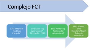 Complejo FCT
1742 Witbrecht
“cartilago
triangular”
1975 Kauer “lig.
subcruentum”
(Fick,Henle <1900)
1991 Palmer “lig.
Radiocubital
palmar-dorsal”
1991 Schuind,
1985
Ekenstam/Hagert
Rol en la
estabilidad
 