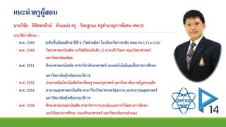 แนะนาครูผู้สอน
นายวิชัย ลิขิตพรรักษ์ ตาแหน่ง ครู วิทยฐานะ ครูชานาญการพิเศษ (คศ.3)
ประวัติการศึกษา :
◦ พ.ศ. 2545 ระดับชั้นมัธยมศึกษาปีที่ 6 (วิทย์-คณิต) โรงเรียนวัดราชบพิธ สพม.กท.1 (ร.บ.116)
◦ พ.ศ. 2549 วิทยาศาสตรบัณฑิต (เกรียตินิยมอันดับ 2) สาขาชีววิทยา คณะวิทยาศาสตร์
มหาวิทยาลัยมหิดล
◦ พ.ศ. 2551 ศึกษาศาสตรบัณฑิต สาขาวิชาศึกษาศาสตร์ เอกเทคโนโลยีและสื่อสารการศึกษา
มหาวิทยาลัยสุโขทัยธรรมาธิราช
◦ พ.ศ. 2552 ประกาศนียบัตรบัณฑิตวิชาชีพครู คณะครุศาสตร์ มหาวิทยาลัยราชภัฏสวนดุสิต
◦ พ.ศ. 2555 สาธารณสุขศาสตรบัณฑิต สาขาวิชาวิทยาศาสตร์สุขภาพ เอกสาธารณสุขศาสตร์
มหาวิทยาลัยสุโขทัยธรรมาธิราช
◦ พ.ศ. 2558 ศึกษาศาสตรมหาบัณฑิต สาขาวิชาการประเมินและการวิจัยทางการศึกษา
เอกวิจัยทางการศึกษา คณะศึกษาศาสตร์ มหาวิทยาลัยรามคาแหง
 