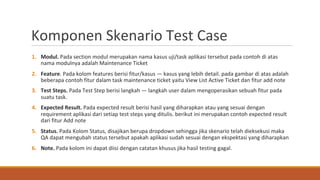 Komponen Skenario Test Case
1. Modul. Pada section modul merupakan nama kasus uji/task aplikasi tersebut pada contoh di atas
nama modulnya adalah Maintenance Ticket
2. Feature. Pada kolom features berisi fitur/kasus — kasus yang lebih detail. pada gambar di atas adalah
beberapa contoh fitur dalam task maintenance ticket yaitu View List Active Ticket dan fitur add note
3. Test Steps. Pada Test Step berisi langkah — langkah user dalam mengoperasikan sebuah fitur pada
suatu task.
4. Expected Result. Pada expected result berisi hasil yang diharapkan atau yang sesuai dengan
requirement aplikasi dari setiap test steps yang ditulis. berikut ini merupakan contoh expected result
dari fitur Add note
5. Status. Pada Kolom Status, disajikan berupa dropdown sehingga jika skenario telah dieksekusi maka
QA dapat mengubah status tersebut apakah aplikasi sudah sesuai dengan ekspektasi yang diharapkan
6. Note. Pada kolom ini dapat diisi dengan catatan khusus jika hasil testing gagal.
 