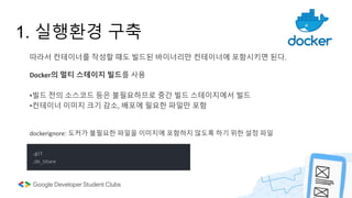1. 실행환경 구축
따라서 컨테이너를 작성할 때도 빌드된 바이너리만 컨테이너에 포함시키면 된다.
Docker의 멀티 스테이지 빌드를 사용
•빌드 전의 소스코드 등은 불필요하므로 중간 빌드 스테이지에서 빌드
•컨테이너 이미지 크기 감소, 배포에 필요한 파일만 포함
dockerignore: 도커가 불필요한 파일을 이미지에 포함하지 않도록 하기 위한 설정 파일
 