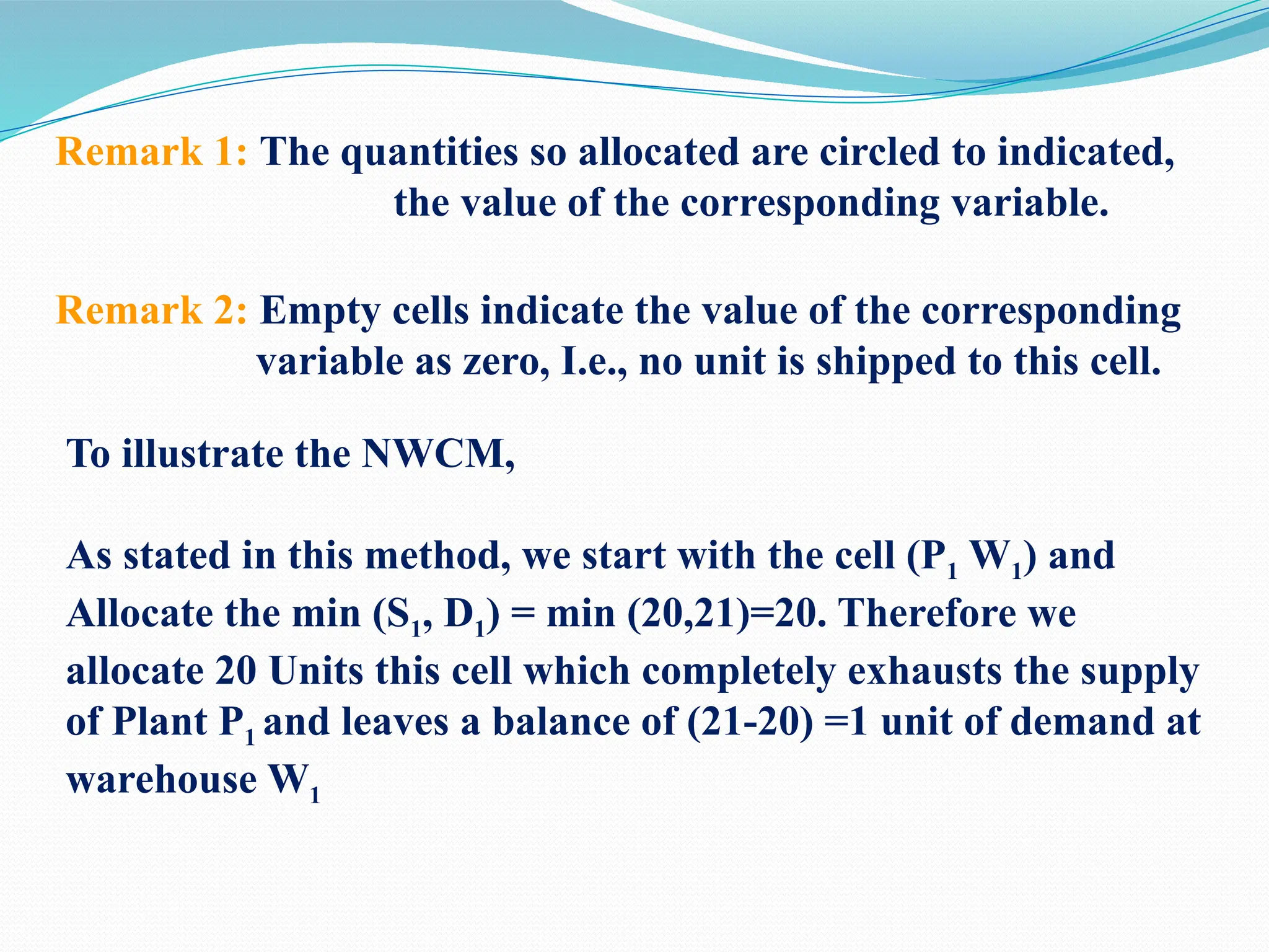 Remark 1: The quantities so allocated are circled to indicated,
the value of the corresponding variable.
Remark 2: Empty cells indicate the value of the corresponding
variable as zero, I.e., no unit is shipped to this cell.
To illustrate the NWCM,
As stated in this method, we start with the cell (P1 W1) and
Allocate the min (S1, D1) = min (20,21)=20. Therefore we
allocate 20 Units this cell which completely exhausts the supply
of Plant P1 and leaves a balance of (21-20) =1 unit of demand at
warehouse W1
 