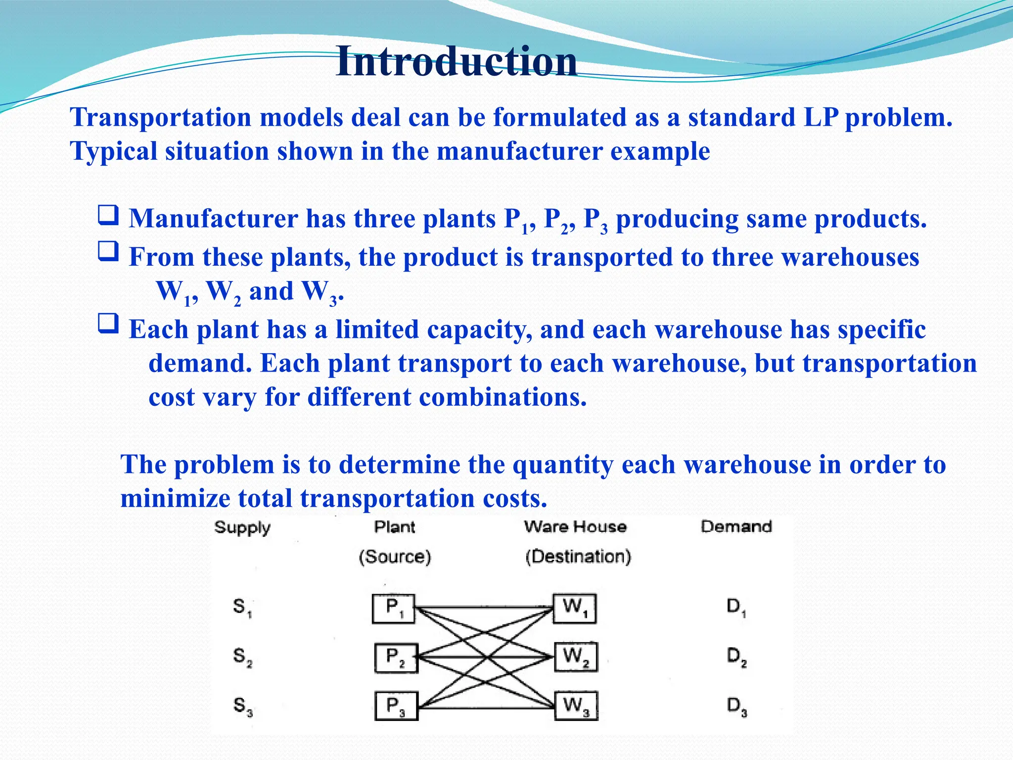 Transportation models deal can be formulated as a standard LP problem.
Typical situation shown in the manufacturer example
 Manufacturer has three plants P1, P2, P3 producing same products.
 From these plants, the product is transported to three warehouses
W1, W2 and W3.
 Each plant has a limited capacity, and each warehouse has specific
demand. Each plant transport to each warehouse, but transportation
cost vary for different combinations.
The problem is to determine the quantity each warehouse in order to
minimize total transportation costs.
Introduction
 