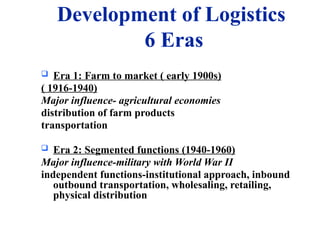 Development of Logistics
6 Eras
 Era 1: Farm to market ( early 1900s)
( 1916-1940)
Major influence- agricultural economies
distribution of farm products
transportation
 Era 2: Segmented functions (1940-1960)
Major influence-military with World War II
independent functions-institutional approach, inbound
outbound transportation, wholesaling, retailing,
physical distribution
 
