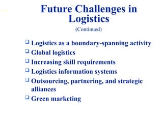 1
9
 Logistics as a boundary-spanning activity
 Global logistics
 Increasing skill requirements
 Logistics information systems
 Outsourcing, partnering, and strategic
alliances
 Green marketing
(Continued)
Future Challenges in
Logistics
 