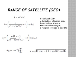 RANGE OF SATELLITE (GEO)
R- radius of Earth
.l-latitude or elevation angle
Z-longitude or azimuth
Fie-intermediate angle
d-range or coverage of satellite
 