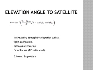 ELEVATION ANGLE TO SATELLITE
1) Evaluating atmospheric degration such as
•Rain attenuation.
•Gaseous attenuation.
•Scintillation (RF- solar wind)
2)Lower EA problem
 
