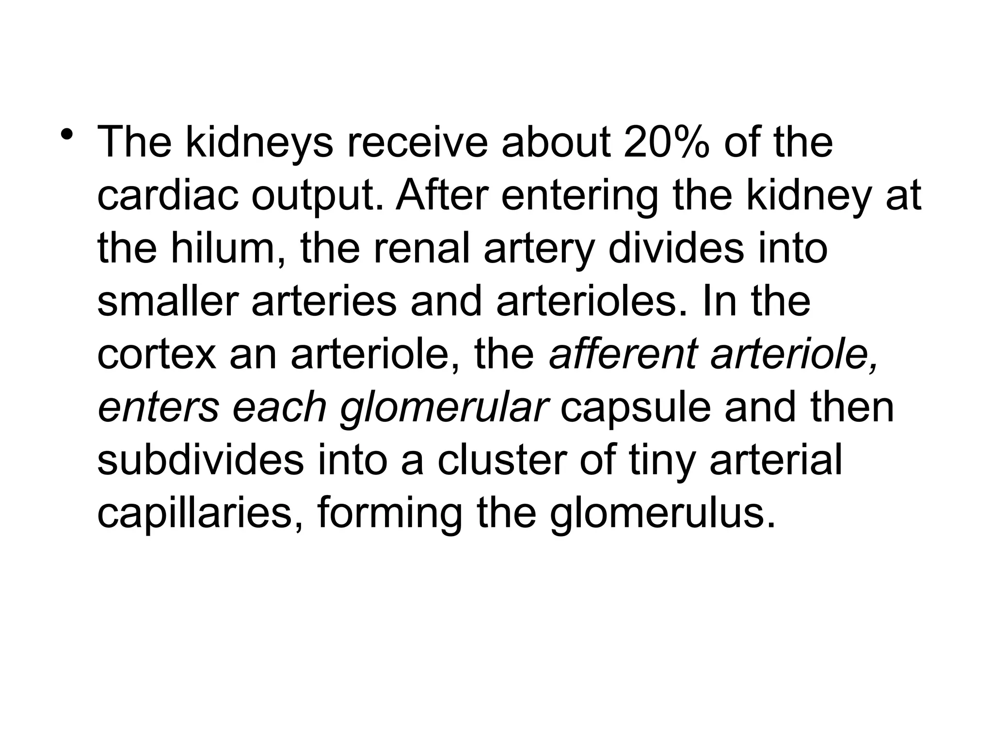 • The kidneys receive about 20% of the
cardiac output. After entering the kidney at
the hilum, the renal artery divides into
smaller arteries and arterioles. In the
cortex an arteriole, the afferent arteriole,
enters each glomerular capsule and then
subdivides into a cluster of tiny arterial
capillaries, forming the glomerulus.
 