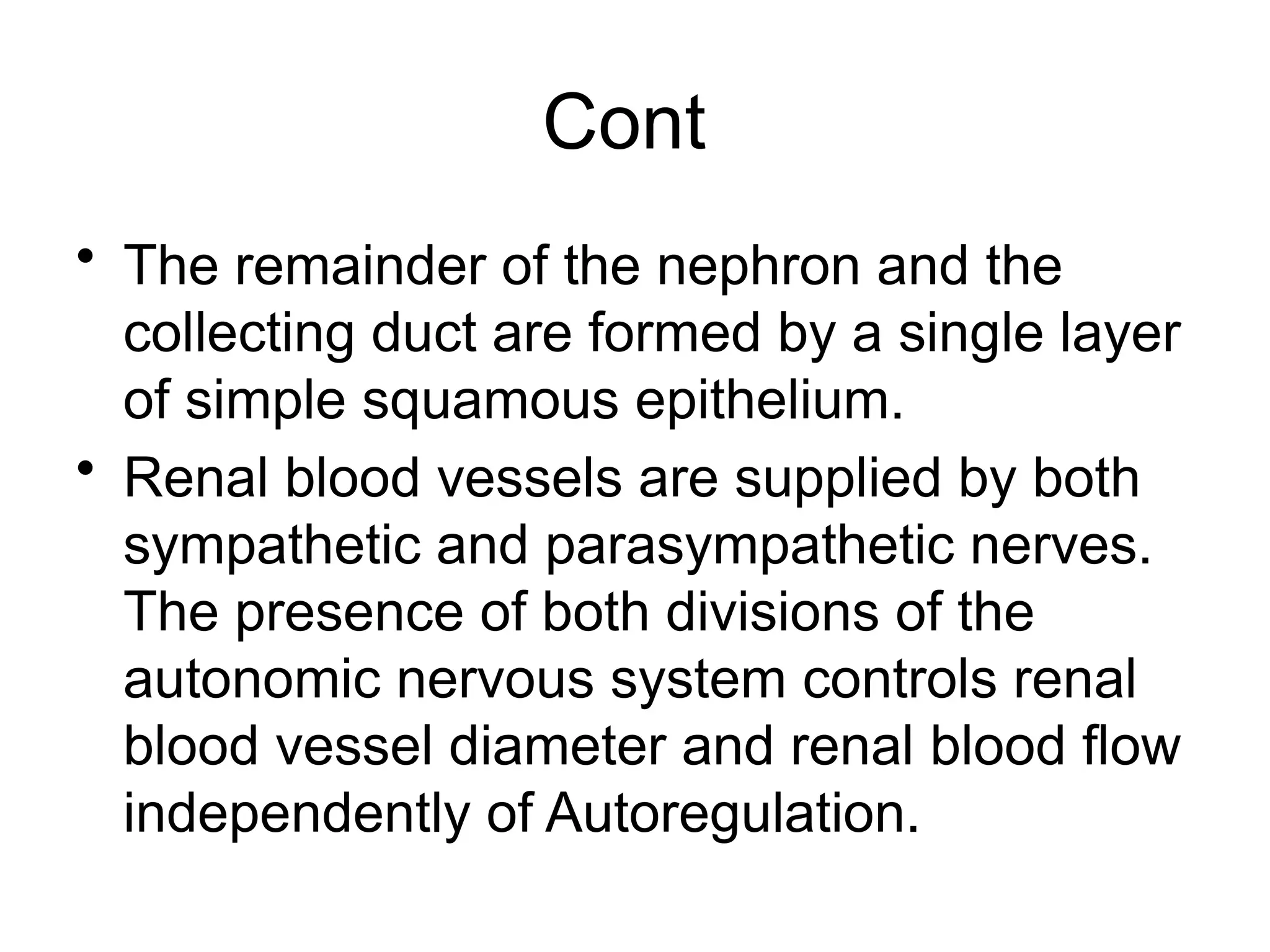 Cont
• The remainder of the nephron and the
collecting duct are formed by a single layer
of simple squamous epithelium.
• Renal blood vessels are supplied by both
sympathetic and parasympathetic nerves.
The presence of both divisions of the
autonomic nervous system controls renal
blood vessel diameter and renal blood flow
independently of Autoregulation.
 