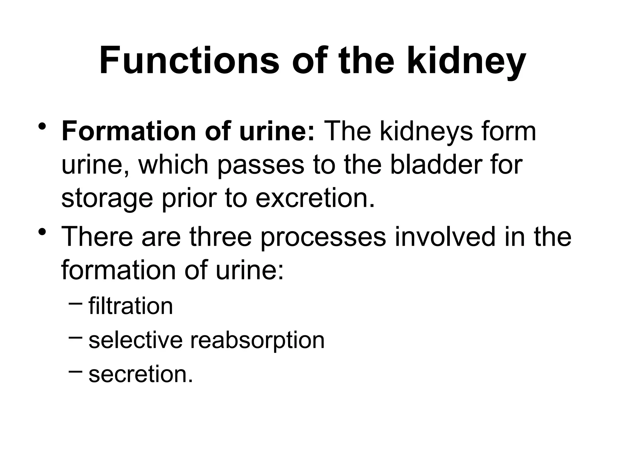 Functions of the kidney
• Formation of urine: The kidneys form
urine, which passes to the bladder for
storage prior to excretion.
• There are three processes involved in the
formation of urine:
– filtration
– selective reabsorption
– secretion.
 