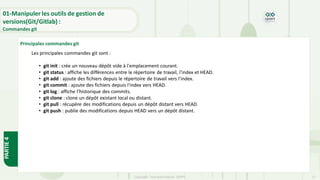 Copyright- Tout droitréservé- OFPPT 12
Principales commandes git
Les principales commandes git sont :
• git init : crée un nouveau dépôt vide à l'emplacement courant.
• git status : affiche les différences entre le répertoire de travail, l'index et HEAD.
• git add : ajoute des fichiers depuis le répertoire de travail vers l'index.
• git commit : ajoute des fichiers depuis l'index vers HEAD.
• git log : affiche l’historique des commits.
• git clone : clone un dépôt existant local ou distant.
• git pull : récupère des modifications depuis un dépôt distant vers HEAD.
• git push : publie des modifications depuis HEAD vers un dépôt distant.
01-Manipuler les outils de gestion de
versions(Git/Gitlab) :
Commandes git
PARTIE
4
 