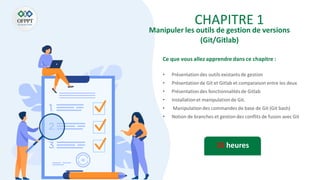 Ce que vous allez apprendre dans ce chapitre :
• Présentation des outils existants de gestion
• Présentation de Git et Gitlab et comparaison entre les deux
• Présentation des fonctionnalités de Gitlab
• Installationet manipulation de Git.
• Manipulation des commandes de base de Git (Git bash)
• Notion de branches et gestion des conflits de fusion avec Git
15 heures
CHAPITRE 1
Manipuler les outils de gestion de versions
(Git/Gitlab)
 