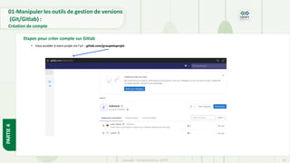 Copyright- Tout droitréservé- OFPPT 30
• Vous accéder à votre projet via l’url : gitlab.com/groupeduprojet:
Etapes pour créer compte sur Gitlab
PARTIE
4
01-Manipuler les outils de gestion de versions
(Git/Gitlab) :
Création de compte
 