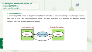 Copyright- Tout droitréservé- OFPPT 36
01-Manipuler les outils de gestion de
versions(Git/Gitlab) :
Gestion branches avec git
La commande git fetch:
La commande git fetch permet de récupérer les modifications présentes sur le serveur distant que vous n’avez pas encore sur
votre copie en local. Cette commande va alors mettre à jour dans votre dépôt local, l’ensemble des références distantes
(branches, tags, …) et récupérer les commits associés.
PARTIE
4
 