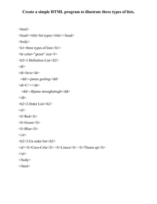 5.illustrate three types of lists using html for menu realated program ...