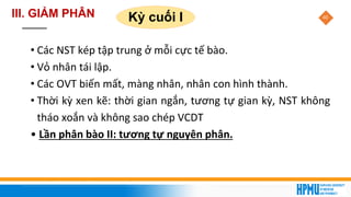 40
Kỳ cuối I
• Các NST kép tập trung ở mỗi cực tế bào.
• Vỏ nhân tái lập.
• Các OVT biến mất, màng nhân, nhân con hình thành.
• Thời kỳ xen kẽ: thời gian ngắn, tương tự gian kỳ, NST không
tháo xoắn và không sao chép VCDT
• Lần phân bào II: tương tự nguyên phân.
III. GIẢM PHÂN
 