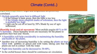 Light and temperature: Light and temperature are positively
correlated.
• Orchids generally grow best in diffused light
• If the foliage is dark green, then the light is too low.
• If the foliage shows purplish marks or coloration, then the light
is probably too high.
• Light can be cut off at least by 50% Shade by use of agri-
nethoused.
Humidity levels and air movement: Most orchids require 60 % to 80
% humidity. These humidity levels are necessary for the plants to
perform their best and bloom.
• A humidifier will help considerably in maintaining the humidity
and health of the plants.
• Another way of increasing humidity is by setting the plants on trays
filled with pebbles or gravel and with water, taking care that the
plants are not in contact with the water.
• Night time humidity can be decreased to 30-40%.
• In the orchid houses there should be continuous air circulation.
Climate (Contd..)
 