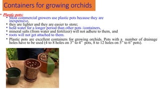 Containers for growing orchids
• Plastic pots:
• Most commercial growers use plastic pots because they are
inexpensive,
• they are lighter and they are easier to store;
• hold water for a longer period than other pots /containers,
• mineral salts (from water and fertilizer) will not adhere to them, and
• roots will not get attached to them.
• Plastic pots are excellent containers for growing orchids. Pots with a number of drainage
holes have to be used (4 to 8 holes on 3” to 4” pots, 8 to 12 holes on 5” to 6” pots).
 