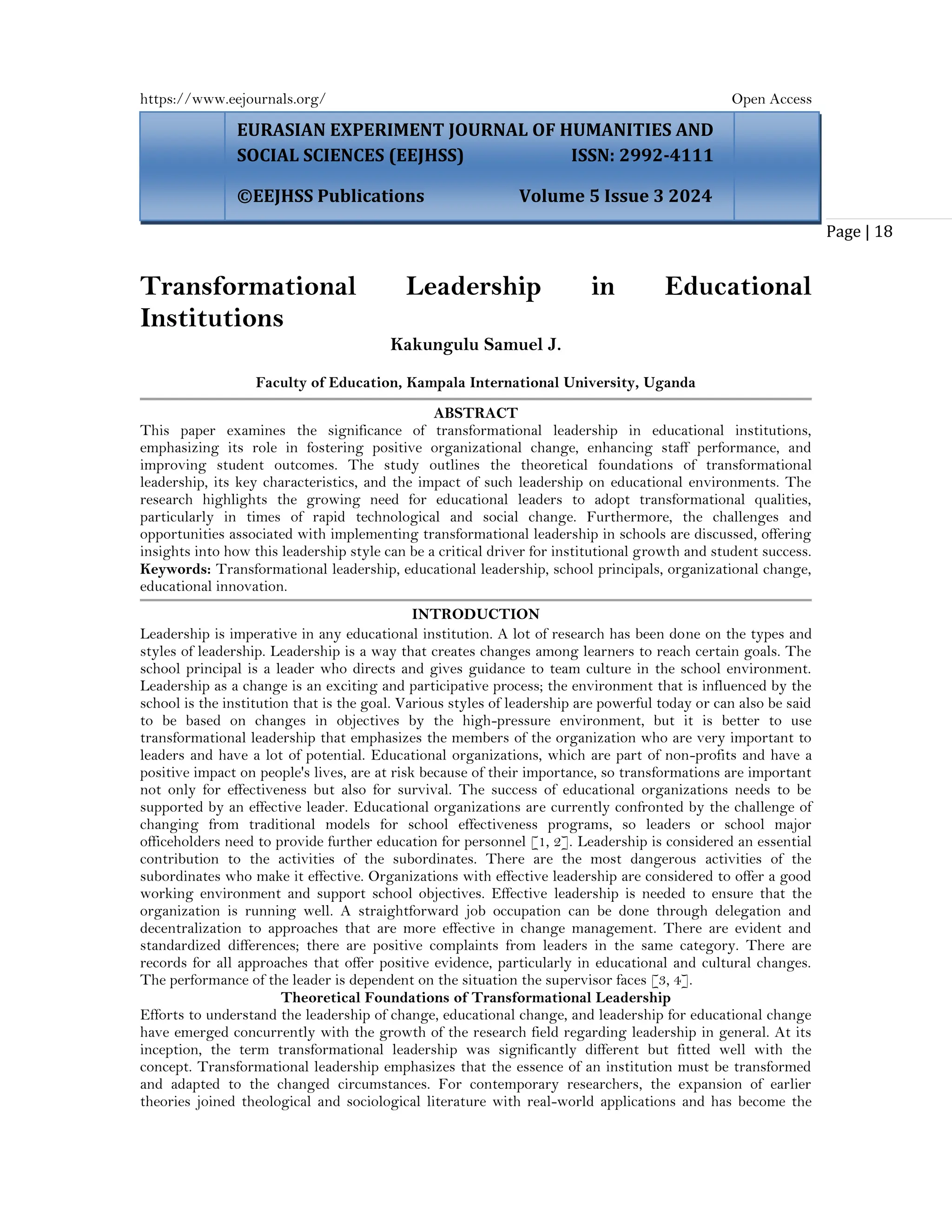 Transformational Leadership in Educational Institutions (www.kiu.ac.ug ...