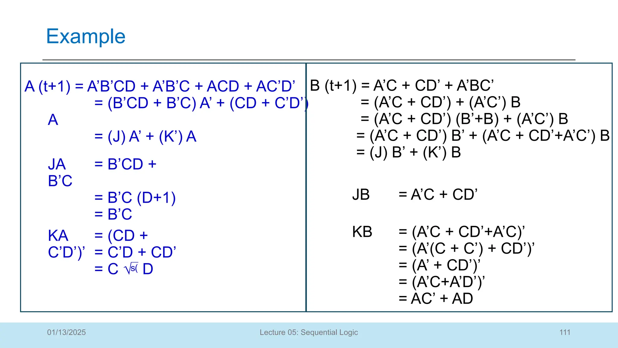111
Lecture 05: Sequential Logic
Example
01/13/2025
A (t+1) = A’B’CD + A’B’C + ACD + AC’D’
= (B’CD + B’C) A’ + (CD + C’D’)
A
= (J) A’ + (K’) A
JA = B’CD +
B’C
= B’C (D+1)
= B’C
KA = (CD +
C’D’)’ = C’D + CD’
= C  D
B (t+1) = A’C + CD’ + A’BC’
= (A’C + CD’) + (A’C’) B
= (A’C + CD’) (B’+B) + (A’C’) B
= (A’C + CD’) B’ + (A’C + CD’+A’C’) B
= (J) B’ + (K’) B
JB = A’C + CD’
KB = (A’C + CD’+A’C)’
= (A’(C + C’) + CD’)’
= (A’ + CD’)’
= (A’C+A’D’)’
= AC’ + AD
 
