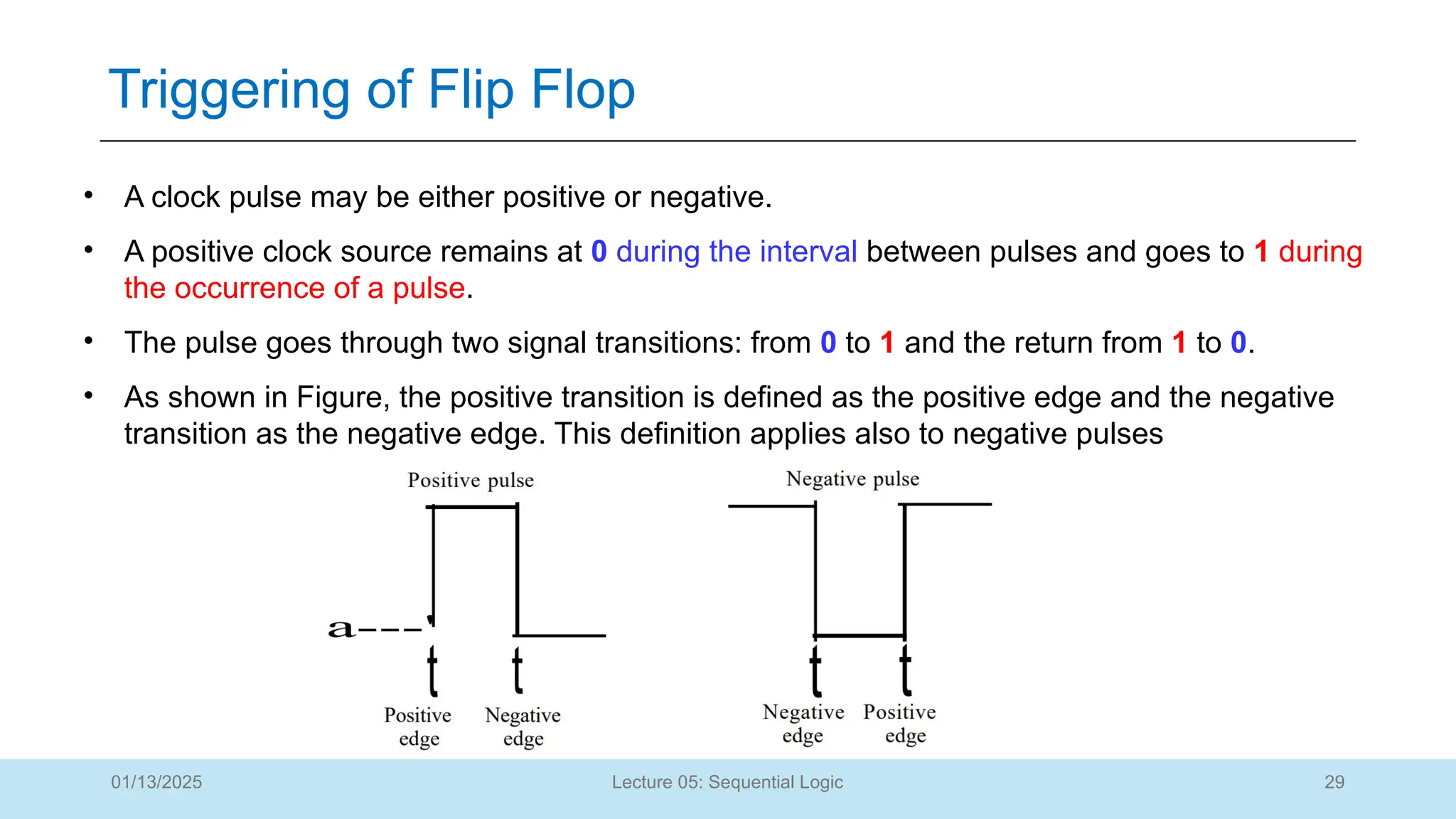29
Lecture 05: Sequential Logic
Triggering of Flip Flop
01/13/2025
• A clock pulse may be either positive or negative.
• A positive clock source remains at 0 during the interval between pulses and goes to 1 during
the occurrence of a pulse.
• The pulse goes through two signal transitions: from 0 to 1 and the return from 1 to 0.
• As shown in Figure, the positive transition is defined as the positive edge and the negative
transition as the negative edge. This definition applies also to negative pulses
 