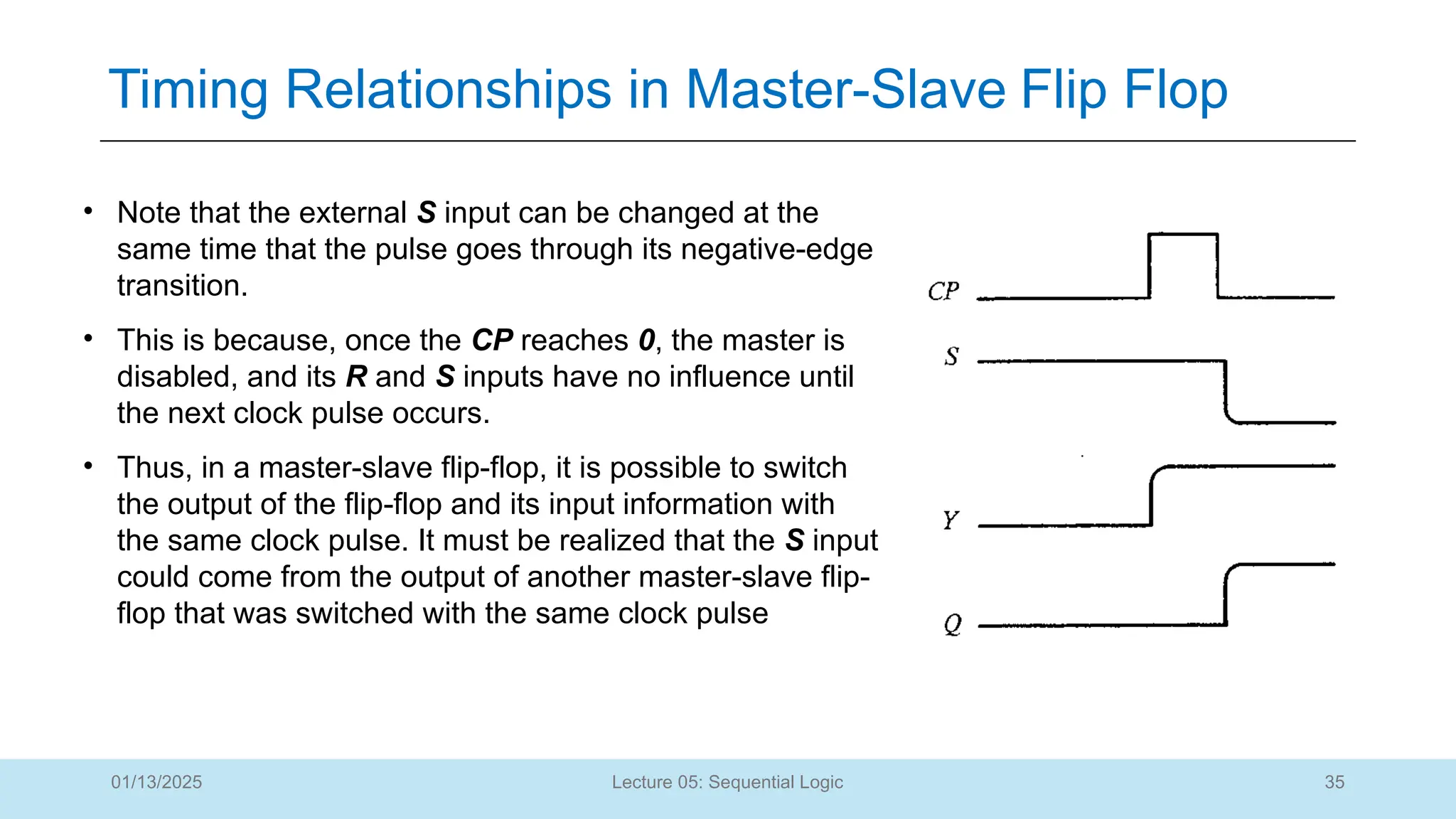 35
Lecture 05: Sequential Logic
Timing Relationships in Master-Slave Flip Flop
01/13/2025
• Note that the external S input can be changed at the
same time that the pulse goes through its negative-edge
transition.
• This is because, once the CP reaches 0, the master is
disabled, and its R and S inputs have no influence until
the next clock pulse occurs.
• Thus, in a master-slave flip-flop, it is possible to switch
the output of the flip-flop and its input information with
the same clock pulse. It must be realized that the S input
could come from the output of another master-slave flip-
flop that was switched with the same clock pulse
 