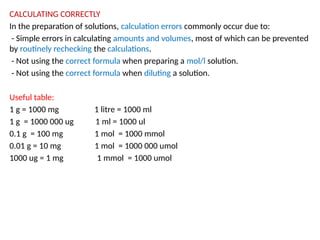 CALCULATING CORRECTLY
In the preparation of solutions, calculation errors commonly occur due to:
- Simple errors in calculating amounts and volumes, most of which can be prevented
by routinely rechecking the calculations.
- Not using the correct formula when preparing a mol/l solution.
- Not using the correct formula when diluting a solution.
Useful table:
1 g = 1000 mg 1 litre = 1000 ml
1 g = 1000 000 ug 1 ml = 1000 ul
0.1 g = 100 mg 1 mol = 1000 mmol
0.01 g = 10 mg 1 mol = 1000 000 umol
1000 ug = 1 mg 1 mmol = 1000 umol
 