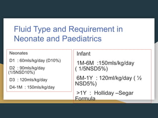 Fluid Type and Requirement in
Neonate and Paediatrics
Neonates
D1 : 60mls/kg/day (D10%)
D2 : 90mls/kg/day
(1/5NSD10%)
D3 : 120mls/kg/day
D4-1M : 150mls/kg/day
Infant
1M-6M :150mls/kg/day
( 1/5NSD5%)
6M-1Y : 120ml/kg/day ( ½
NSD5%)
>1Y : Holliday –Segar
Formula
 