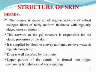 DERMIS:
 The dermis is made up of regular network of robust
collagen fibers of fairly uniform thickness with regularly
placed cross striations .
This network or the gel structure is responsible for the
elastic properties of the skin.
It is supplied by blood to convey nutrients, remove waste &
regulate body temp.
Drug is well absorbed by this route.
Upper portion of the dermis is formed into ridges
containing lymphatics and nerve endings.
17
STRUCTURE OF SKIN
 