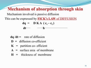 Mechanism of absorption through skin
Mechanism involved is passive diffusion
This can be expressed by FICK’s LAW of DIFFUSION
dq = D K A ( c1 – c2 )
dt h
dq /dt = rate of diffusion
D = diffusion co-efficient
K = partition co- efficient
A = surface area of membrane
H = thickness of membrane
19
 