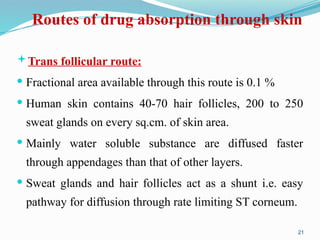 Routes of drug absorption through skin
Trans follicular route:
 Fractional area available through this route is 0.1 %
 Human skin contains 40-70 hair follicles, 200 to 250
sweat glands on every sq.cm. of skin area.
 Mainly water soluble substance are diffused faster
through appendages than that of other layers.
 Sweat glands and hair follicles act as a shunt i.e. easy
pathway for diffusion through rate limiting ST corneum.
21
 